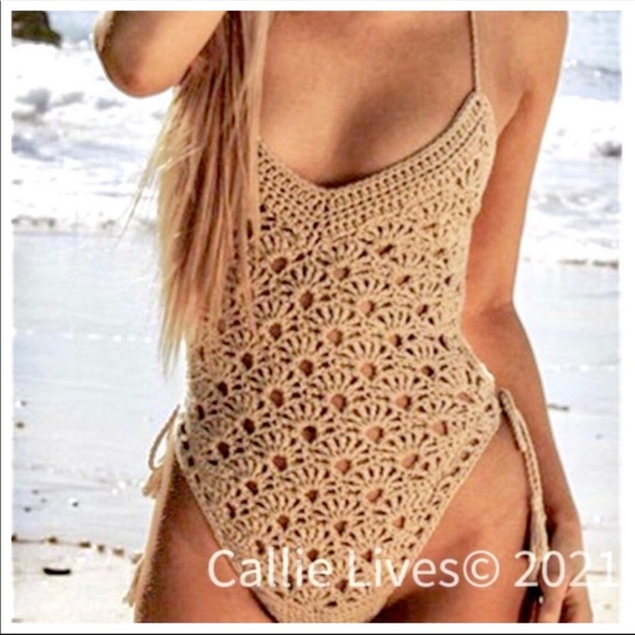NWT Crochet Retro Sexy BoHo Chic One Piece Thong Back Bathing Swim Suit - Picture 10 of 13